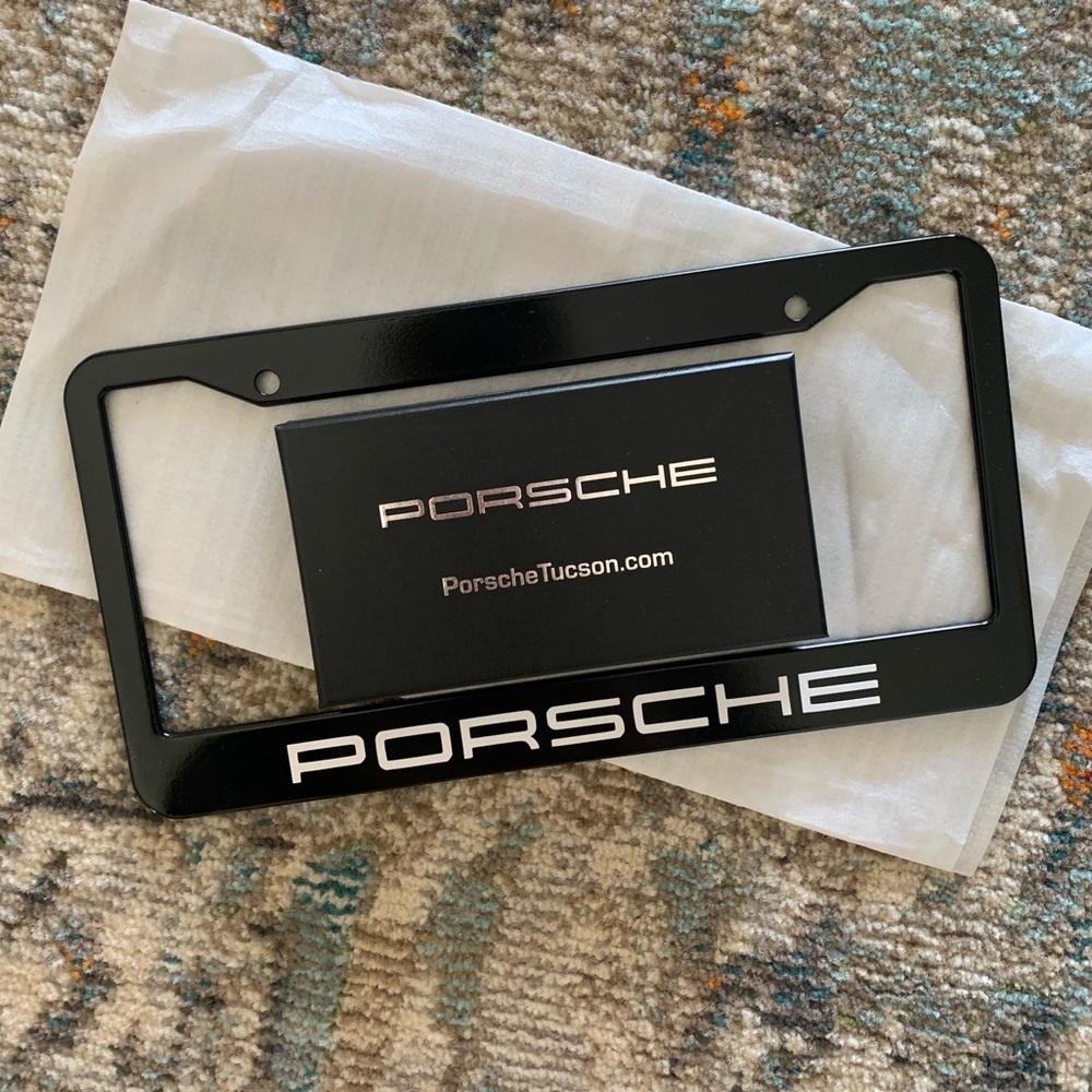 PORSCHE logo plate frame with BONUS Logo pen/keychain